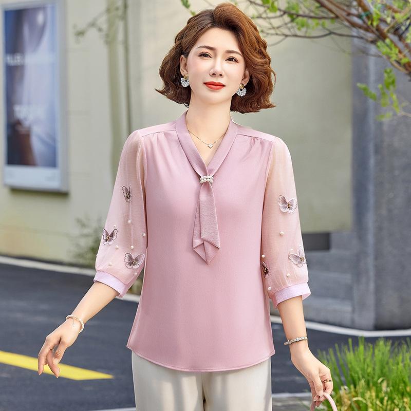 Elegant Chinese Style Chiffon Blouse: Fashionable Summer Wear for Middle-aged Women 3XL