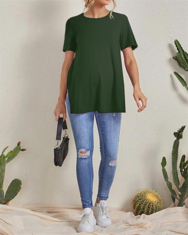 Nové těhotenské ležérní jednobarevné topy Sto kulatý výstřih s rozparkem Těhotenské oblečení topy s krátkým rukávem