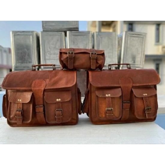 Goat Leather Motorcycle Saddle Bags Side Pouch Panniers Largest 3 Bags