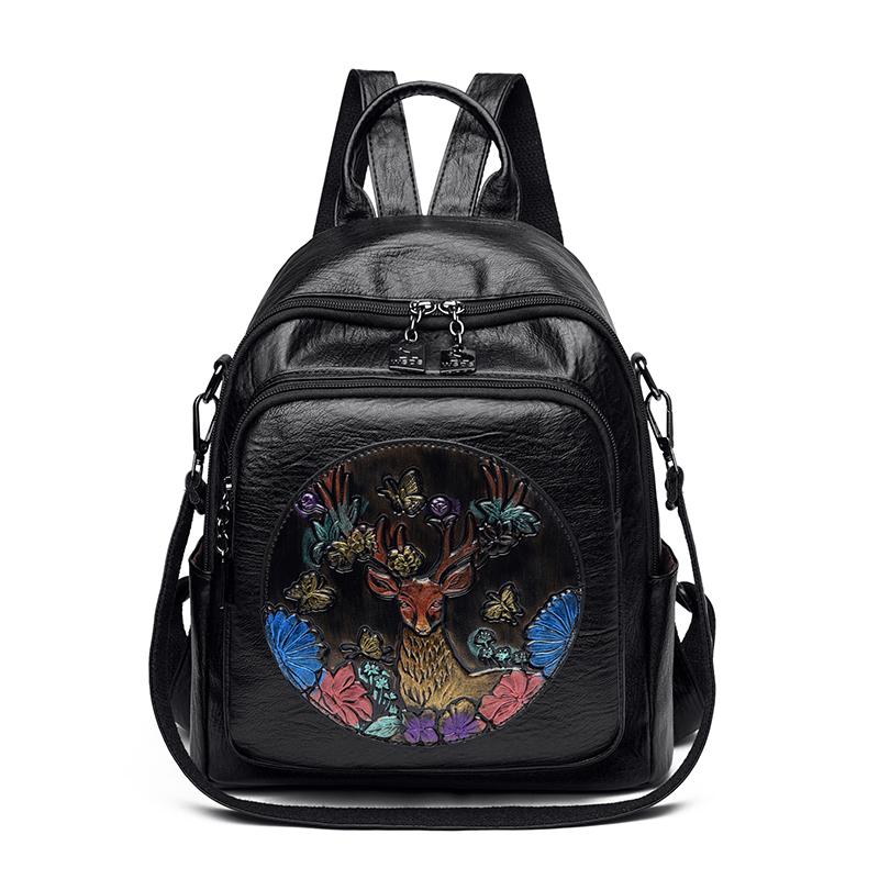 Printed Large Capacity Backpack Women's Retro PU Backpack