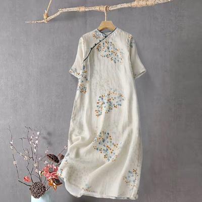 Vintage Floral Print Midi Cheongsam Qipao Dress for Women Loose Short Sleeve Chinese