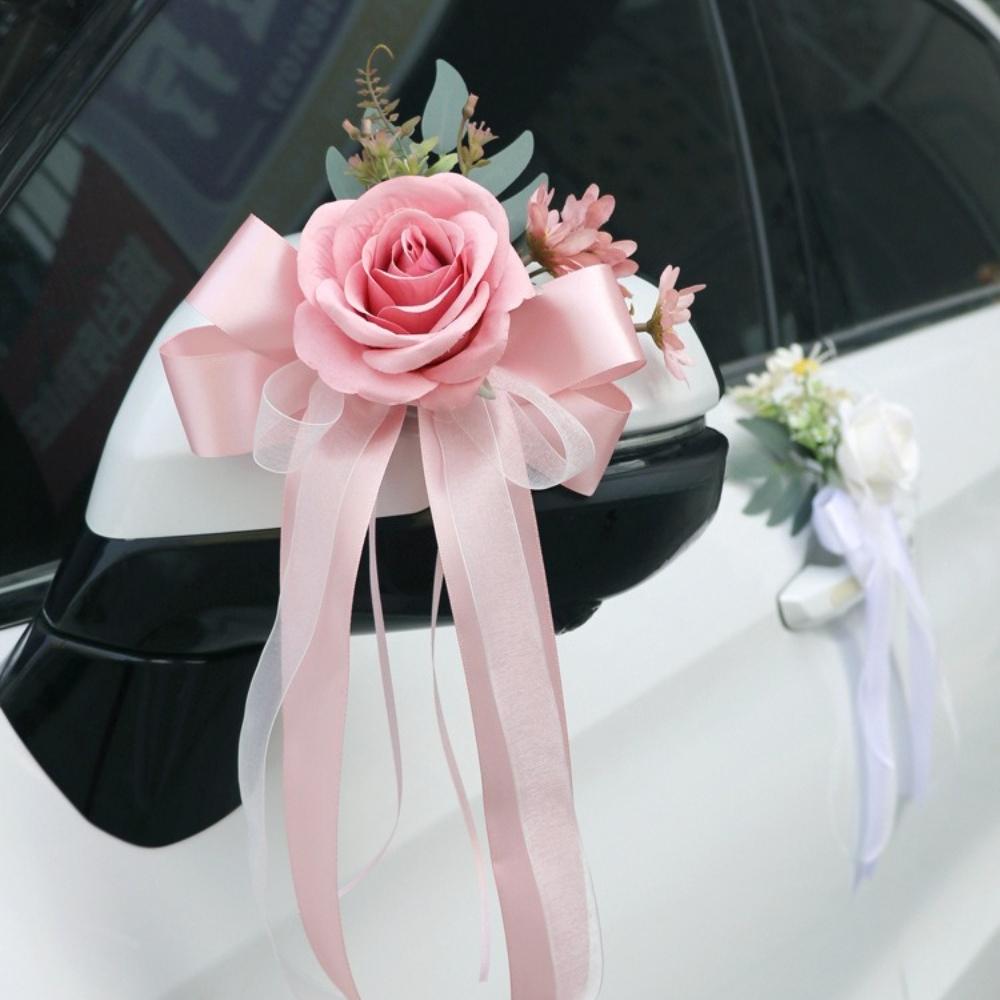 1pc Wedding Car Flowers Vintage Style Rearview Mirror Bow Artificial Flower for Bridal Fleet Door Handle Chair Back Decoration