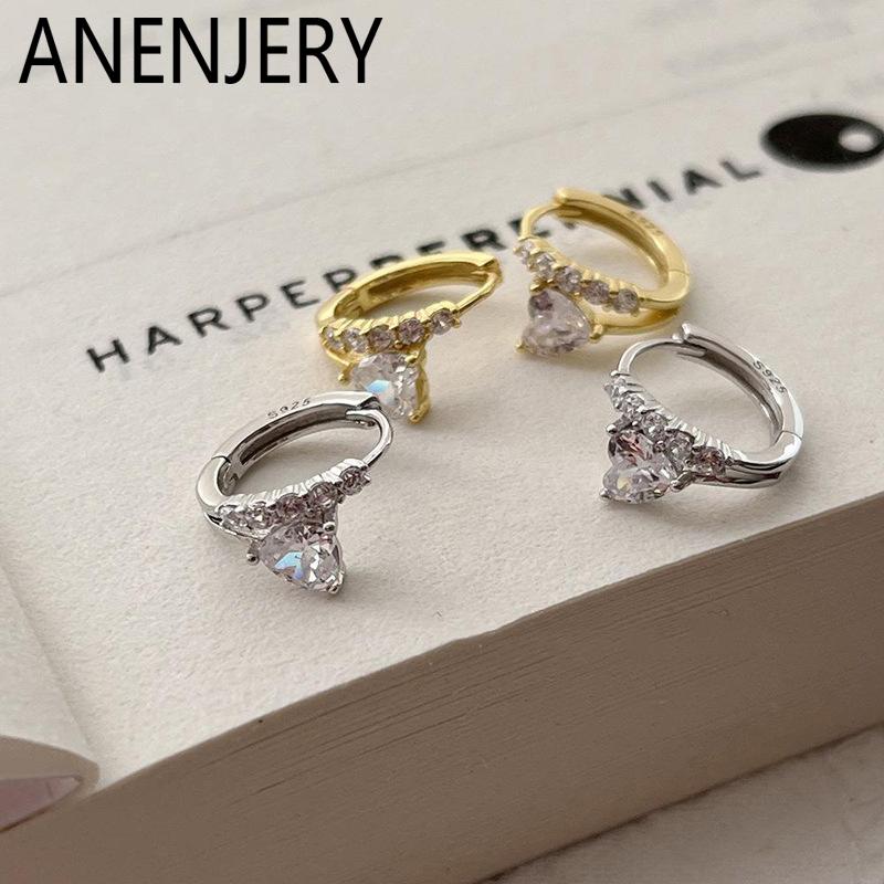 

ANENJERY Heart Zircon Hoop Earrings for Women Simple Delicate Temperament Ear buckle Jewelry Gifts Wholesale срібний