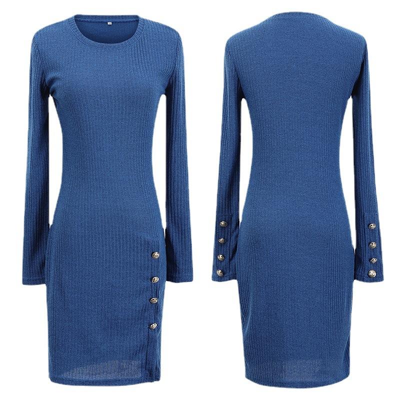 Spring and Autumn Women's Dress Button Sexy Package Hip Dress Long Sleeve Dress