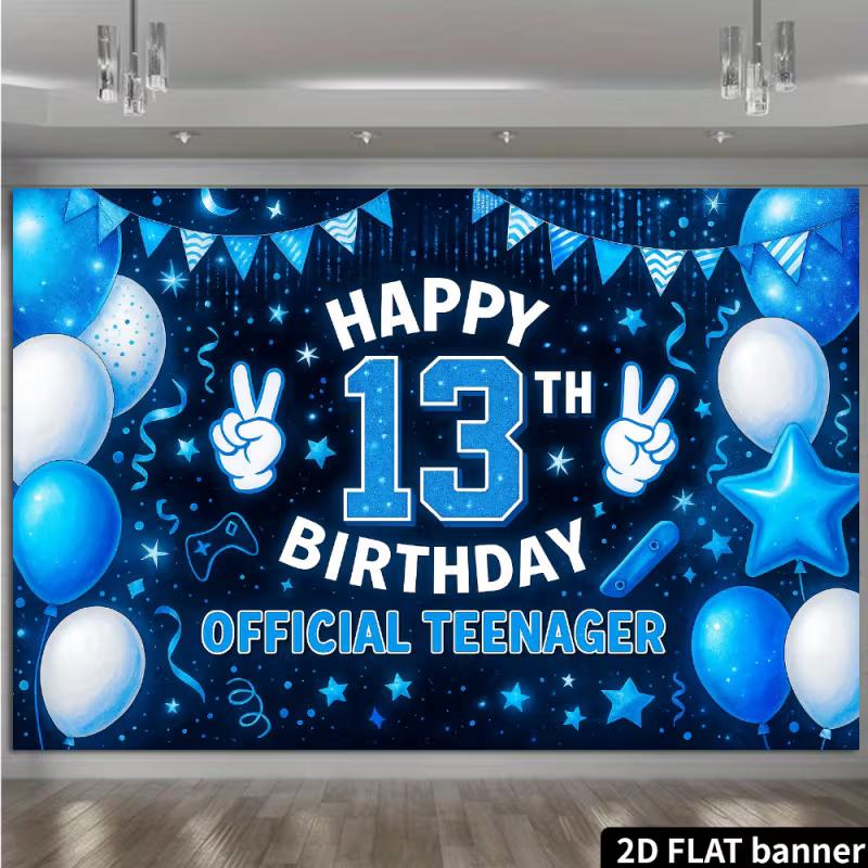 2D 13th Happy Birthday Backdrop - Blue Star Glitter Banner for Boys 13th Birthday Photoshoot Party Decor