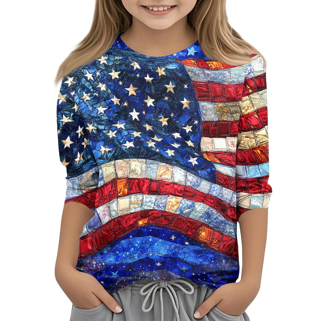 Children's Fashion Printed Round Neck Three-quarter Sleeve Top Casual T-shirt