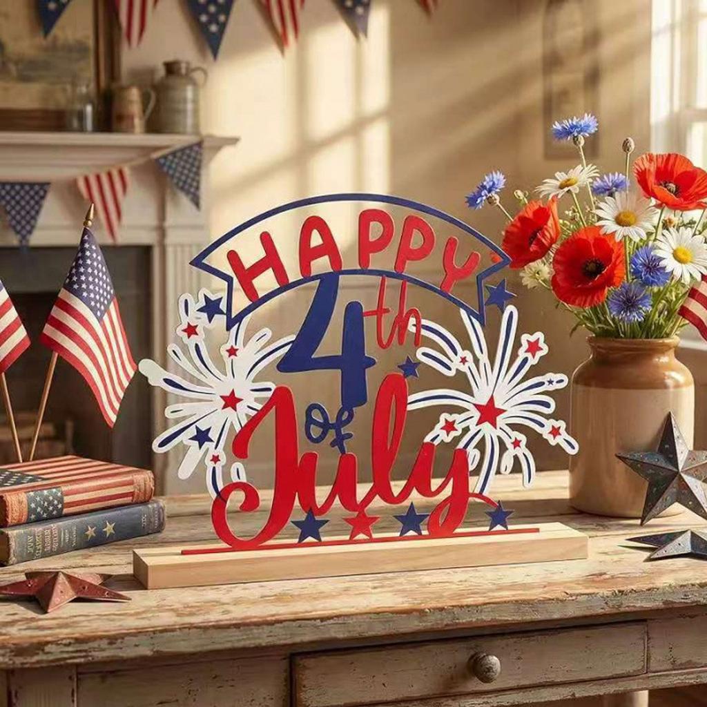 Wooden Independence Day Decoration 4th of July Tabletop Sign Fireworks Design Patriotic Holiday Display Stand