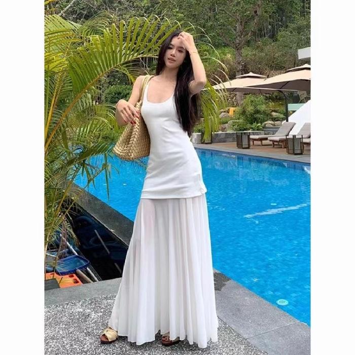 Artistic White Mesh Spaghetti Strap Dress with French Patchwork - Slimming Long Summer Style 2026 Medium белый
