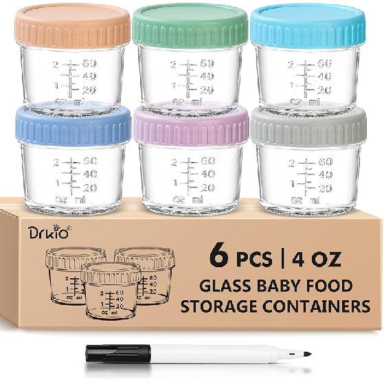 DRKIO 6 Pack Glass Baby Food Storage Containers - 4 Oz Baby Food Jars with Lids Baby Food Maker Microwave Dishwasher Freezer Safe 100% Leak Proof BPA 4 Oz - Multicolor