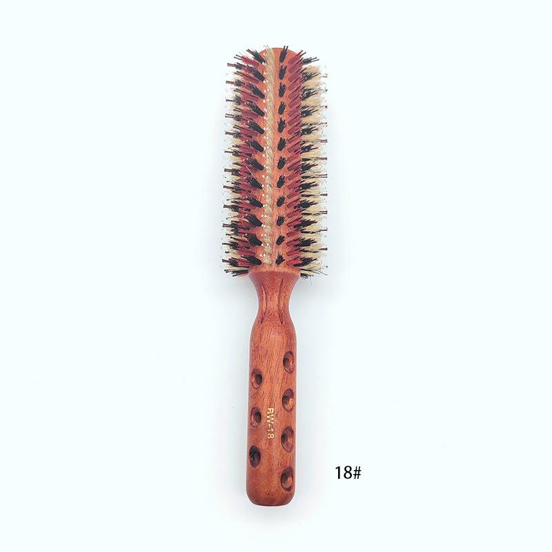 Hair Drying Styling Curly Barber Dye Rubber Wood Comb Boar Bristle Round Brush With Natural Wooden Handle