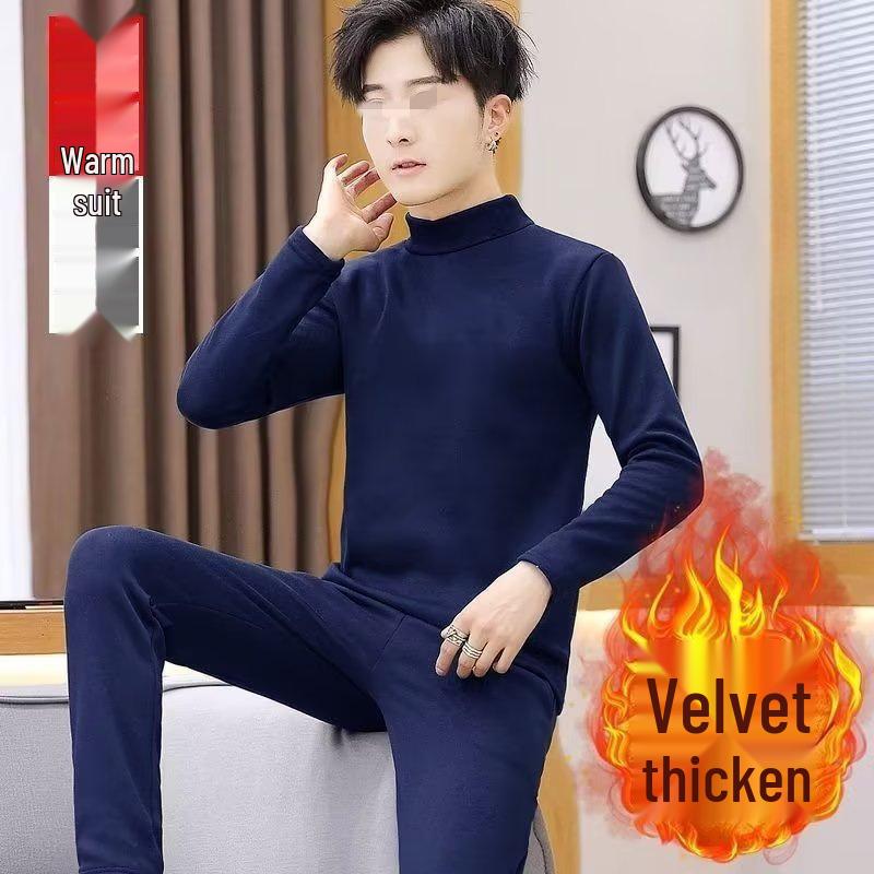 Men's Autumn/Winter Warm Fleece Pajama Set - Half-High Collar, Solid Color, Middle-Aged & Elderly