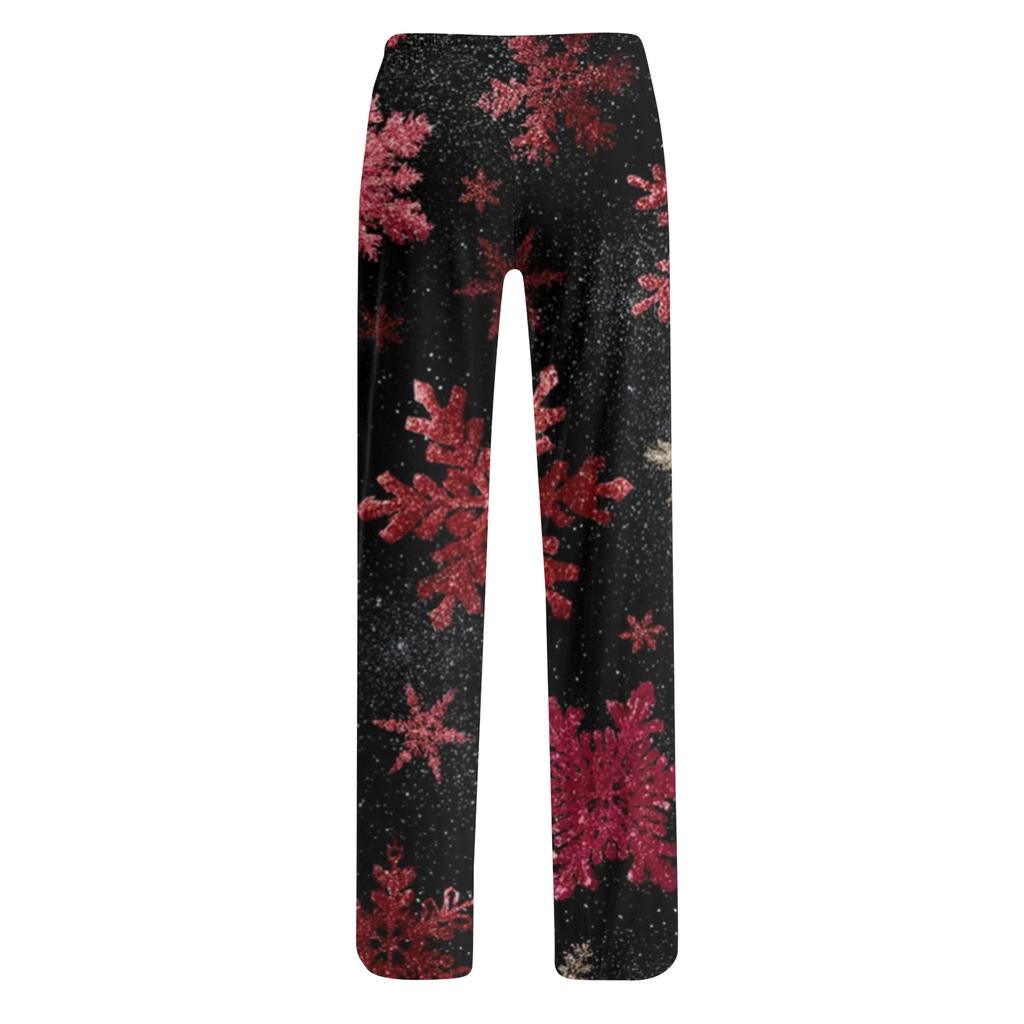 Ladies' Loose And Casual Christmas Printed Wide Leg Pants With Elastic Waistband Drawstring And Pocket Pants
