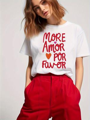 Womens White MORE Amor POR Favor Letter Print TShirt with Red Heart Design Harajuku Short Sleeve Casual Aesthetic Clothes