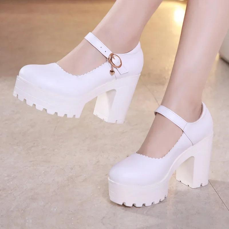 8cm 10cm Small Size 32-43 Elegant Office Ladies Soft Leather Mary Janes Platform Shoes 2025 Fall Block High Heels Shoes Work Mom
