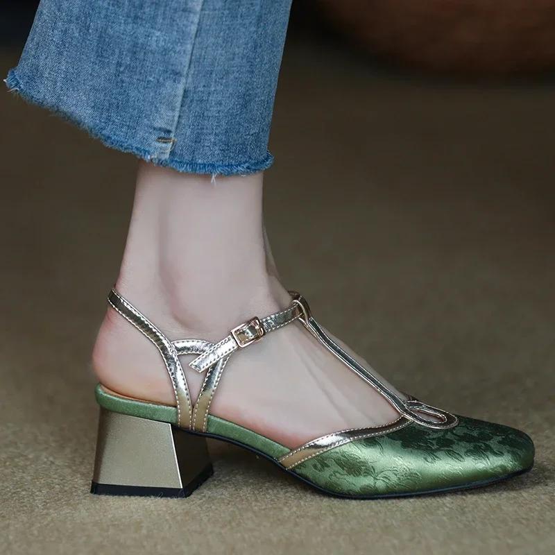 Baotou Women Chunky Square Toe Shoes Autumn Sexy Sandals 2024 New Trend Dress Shoes Pumps Slingback Casual Female