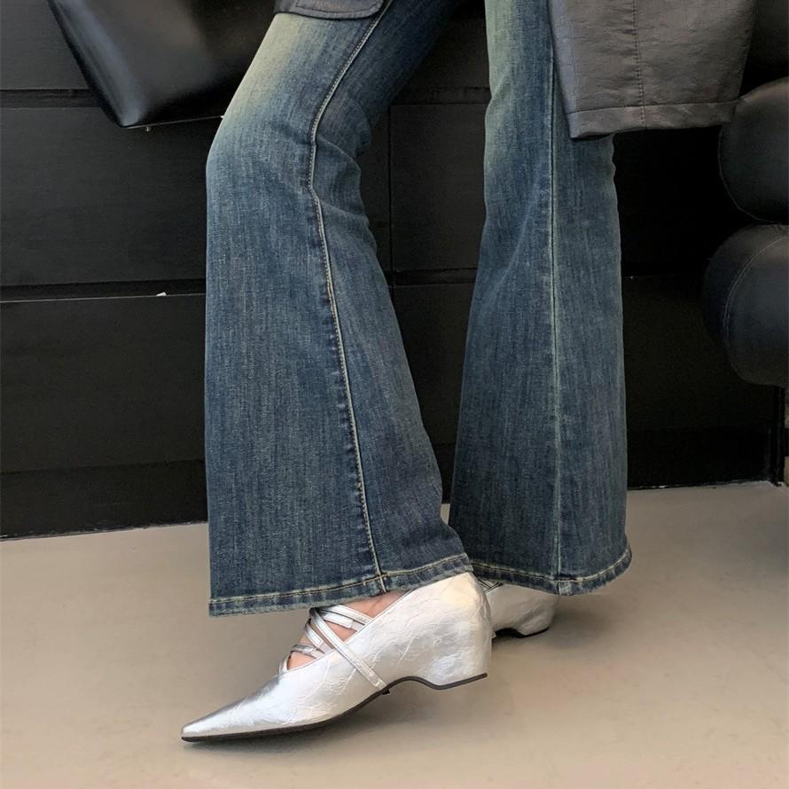 French fashion retro wedge pointed 2025 new Mary Jane single shoes ins wind cross belt single shoes women's shoes trend