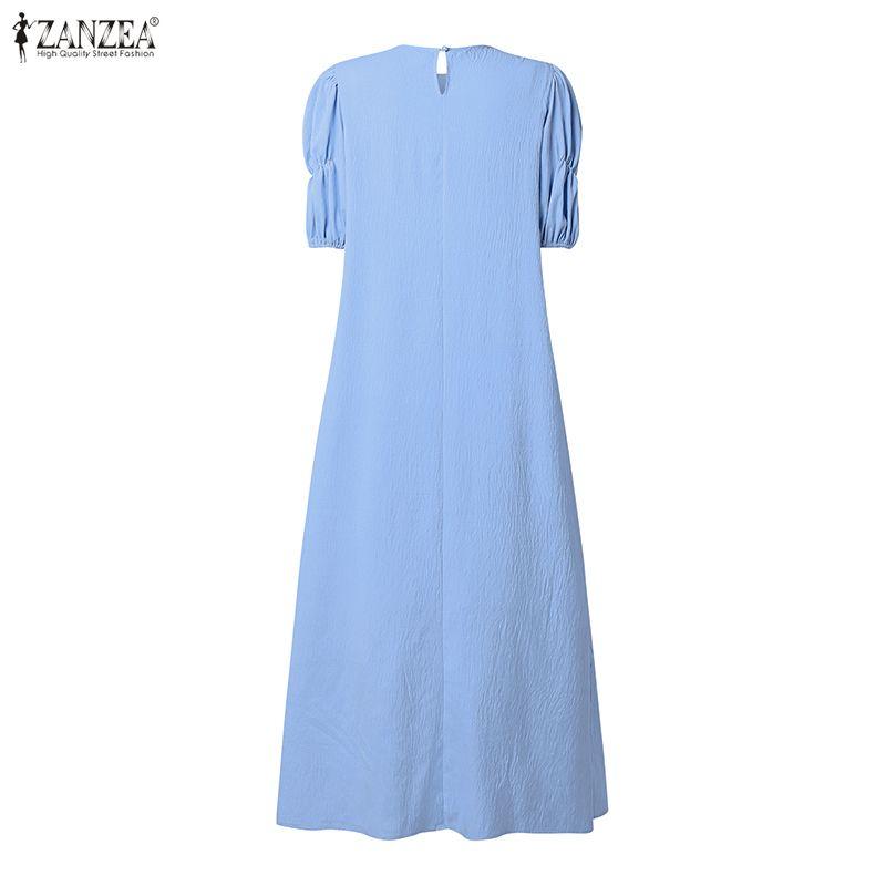 ZANZEA Damen Freizeit Rundhals Locker Kurzarm Langes Kleid
