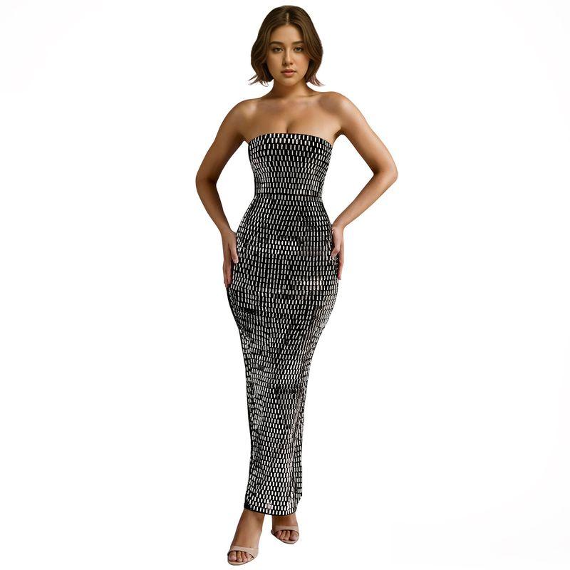 

European and American Women clothes Fashion Hot Drilling Sexy Tube Top Tight Sheath Slim fit Long dress Sexy Evening Dress Black S