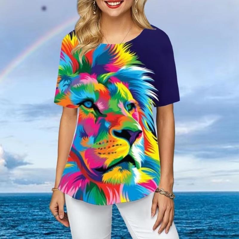 

Жіночі футболки великих розмірів, футболки з короткими рукавами, різнокольоровий тигр, 3d-принт, вільні повсякденні топи, жіночий літній одяг нерегулярної форми XXL