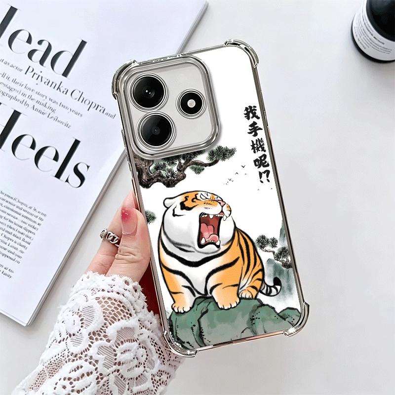 Cartoon Fat Tiger Funny Plating Phone Case For Xiaomi Redmi Note 14 15 Pro Plus 13 12 11 11S 11T 10 9S 9 5G Anti-Fall Airabag Co