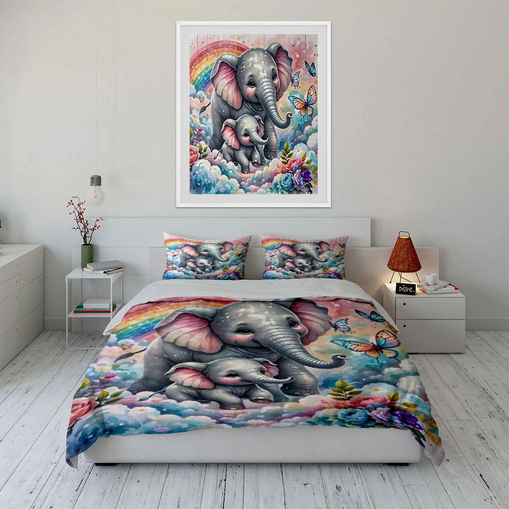 Colorful Elephant Family Decor Set Multiple Sizes Kid'S And Adults' Bedroom Exquisite 3Pc Bedding Set, Gift