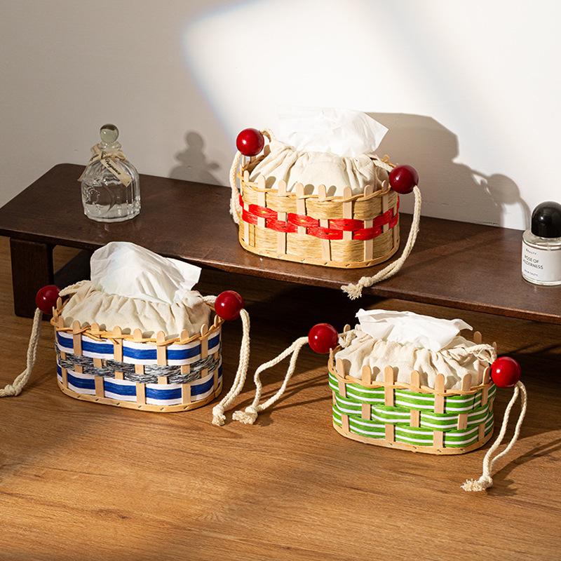 Woven Drawstring Tissue Box, A Creative and Simple Desktop Storage Box for Home Living Room