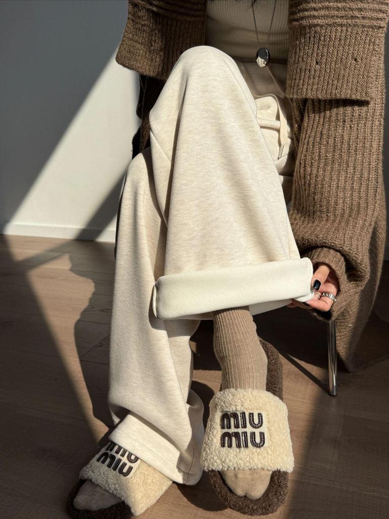 Aixuan White Wool Acetate Wide-Leg Pants: 2025 Autumn/Winter Women's Casual Draped Trousers
