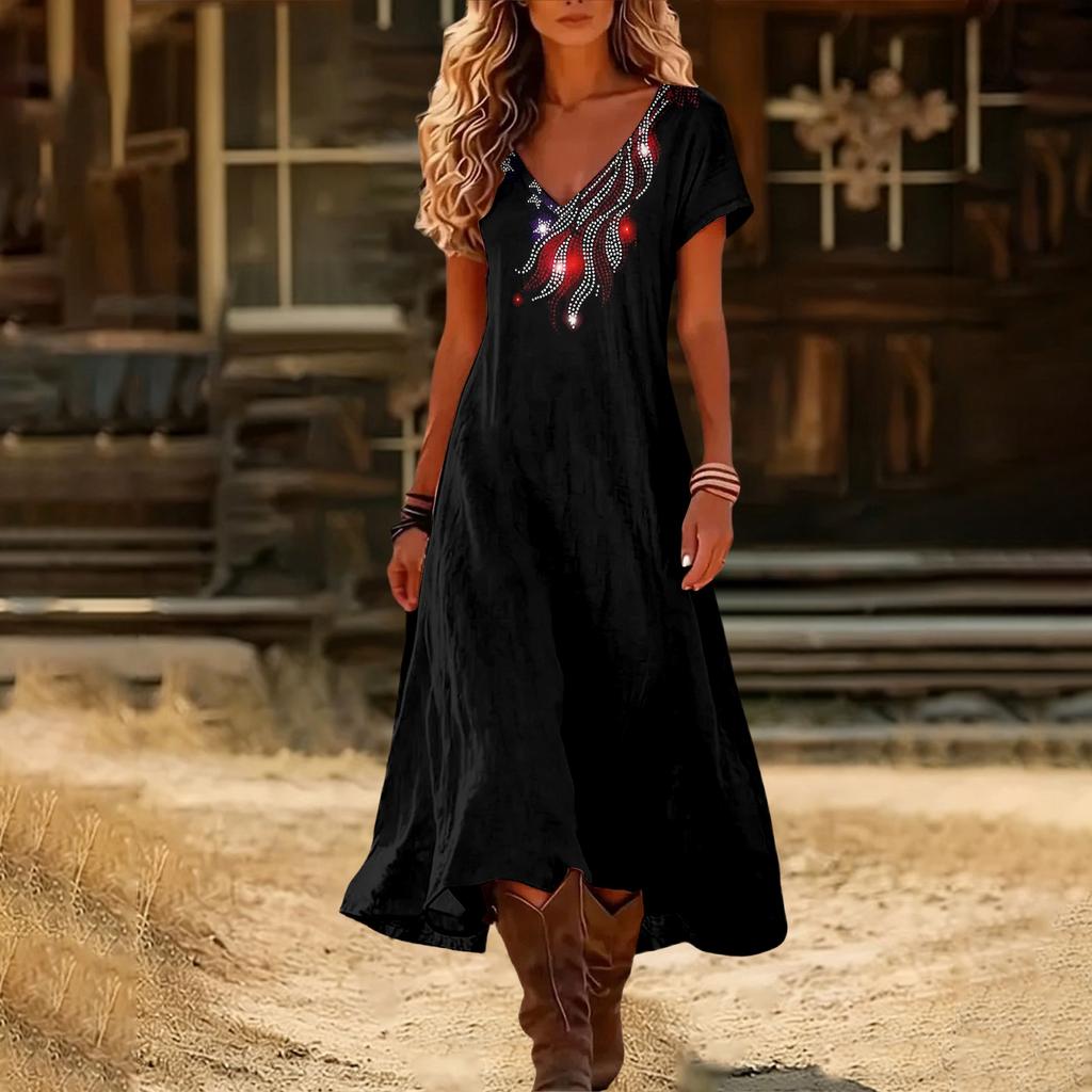 Women’s Short Sleeve V Neck Maxi Dress with Floral Print and Flag Pattern Casual Loose Fit Summer Dress