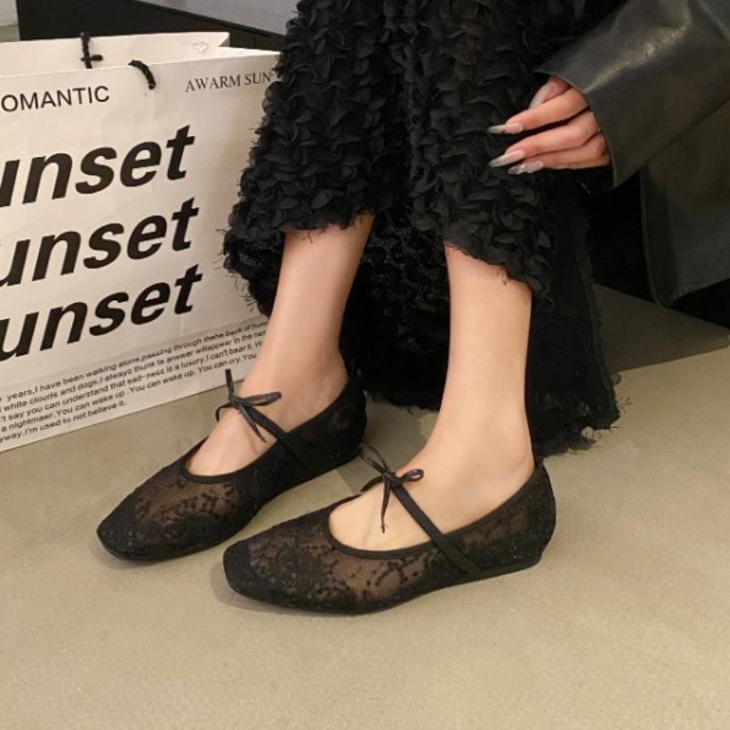 Mesh Lace Inner Heightening Women's Shoes 2025 Summer New Sexy Square Head Shallow Breathable Ballet Shoes Bow Flat Shoes