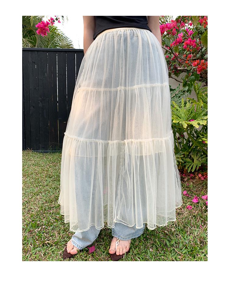 2025 Summer French Socialite Mesh Midi Skirt - Fashionable See-Through Design for Women