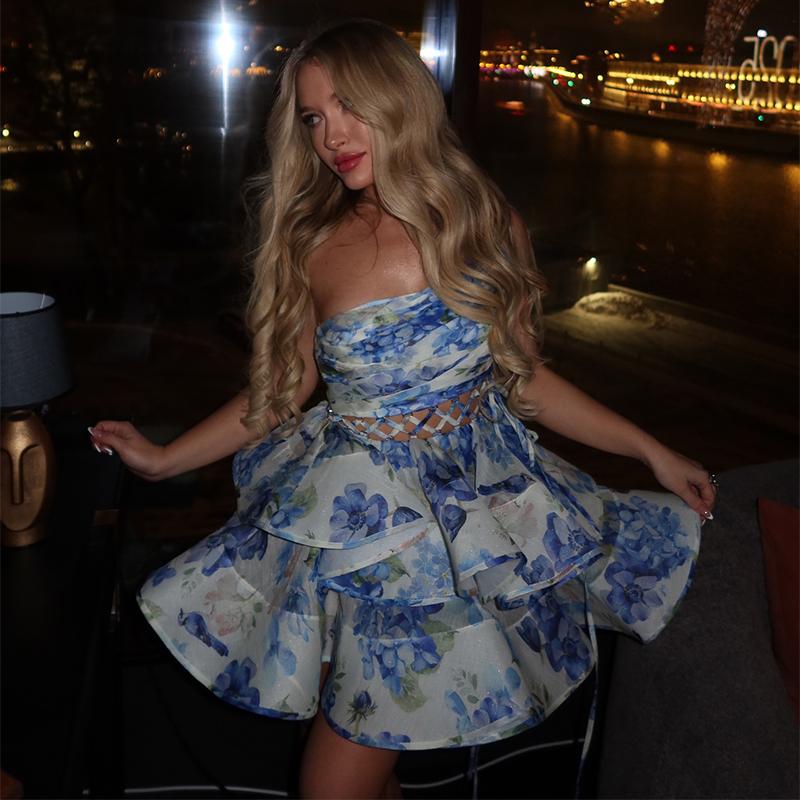 Printed Hollow Out Skew Collar Ruffled Hem Bubble Dress Women Backless High Waist Sleeveless Vacation Dresses Summer Street