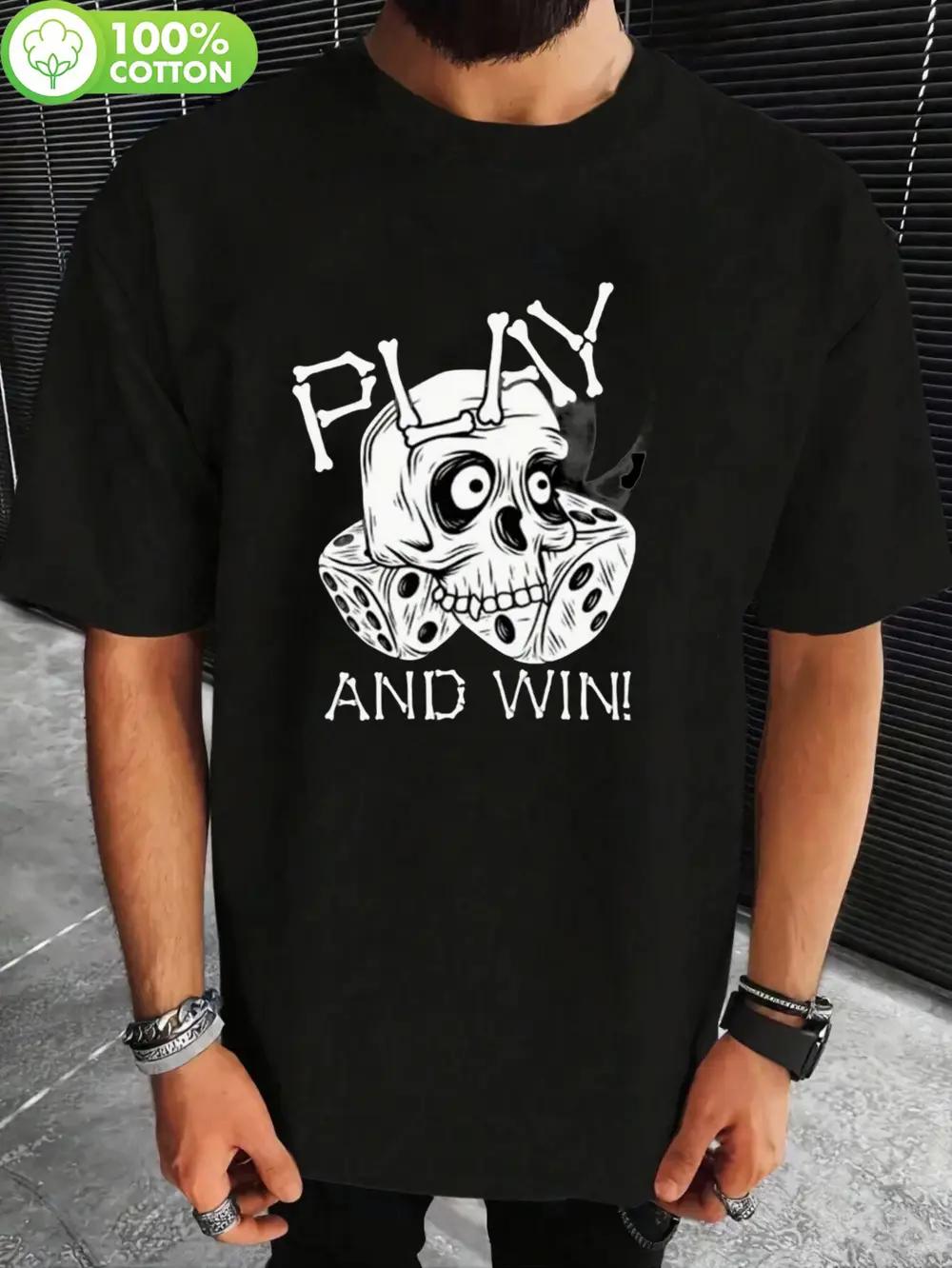 

Vintage Streetwear Cotton T-shirt - Skull & Dice Graphic Print with PLAY AND WIN! Slogan M