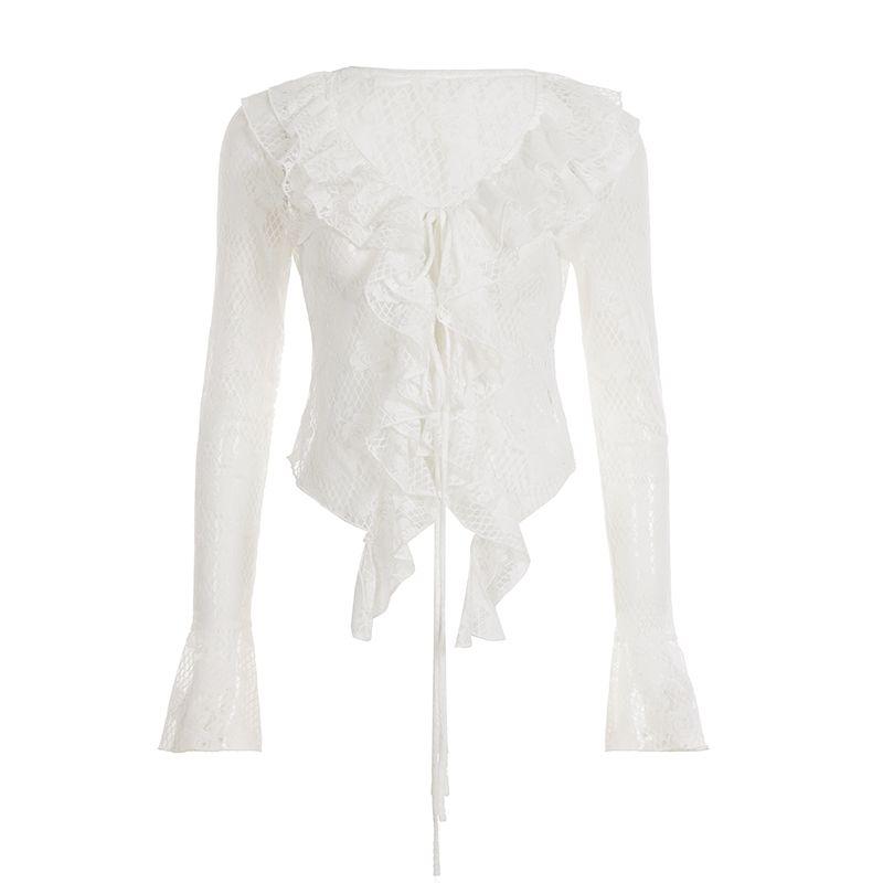 

H Home European and American Women s Clothing White Rose Pure Desire Asymmetrical Ruffles Lace Lace-up Cardigan Lightweight See-through Short Top White S