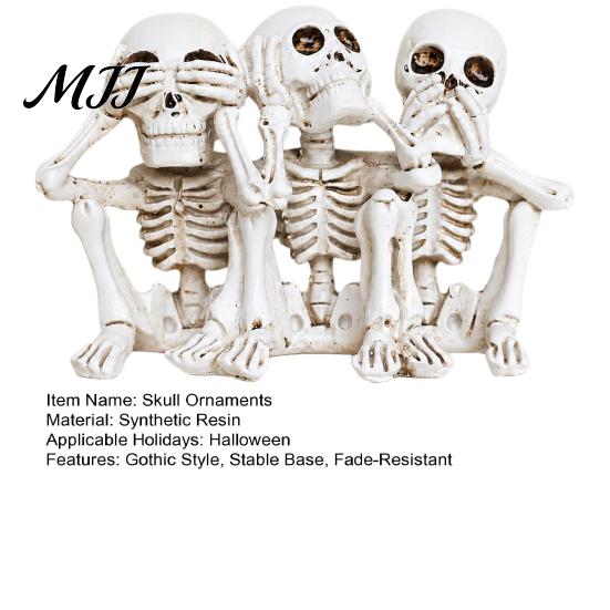 Retro Bone Texture Sculpture Halloween Three Wise Skull Ornaments, See No Hear Speak Evil Conjoined Resin Gothic Desktop Statue Skeleton Statue,