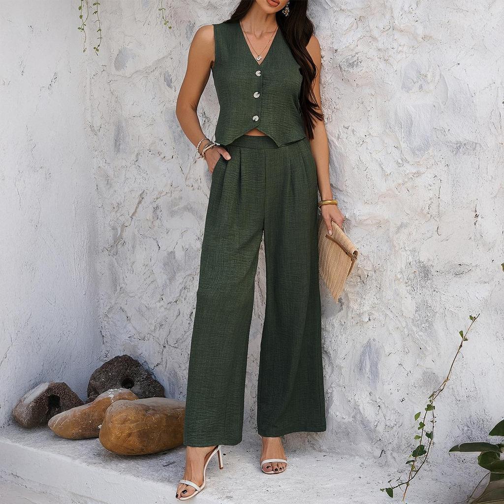 Completo di pantaloni a gamba larga, gilet tinta unita, stile casual da pendolare, primavera ed estate