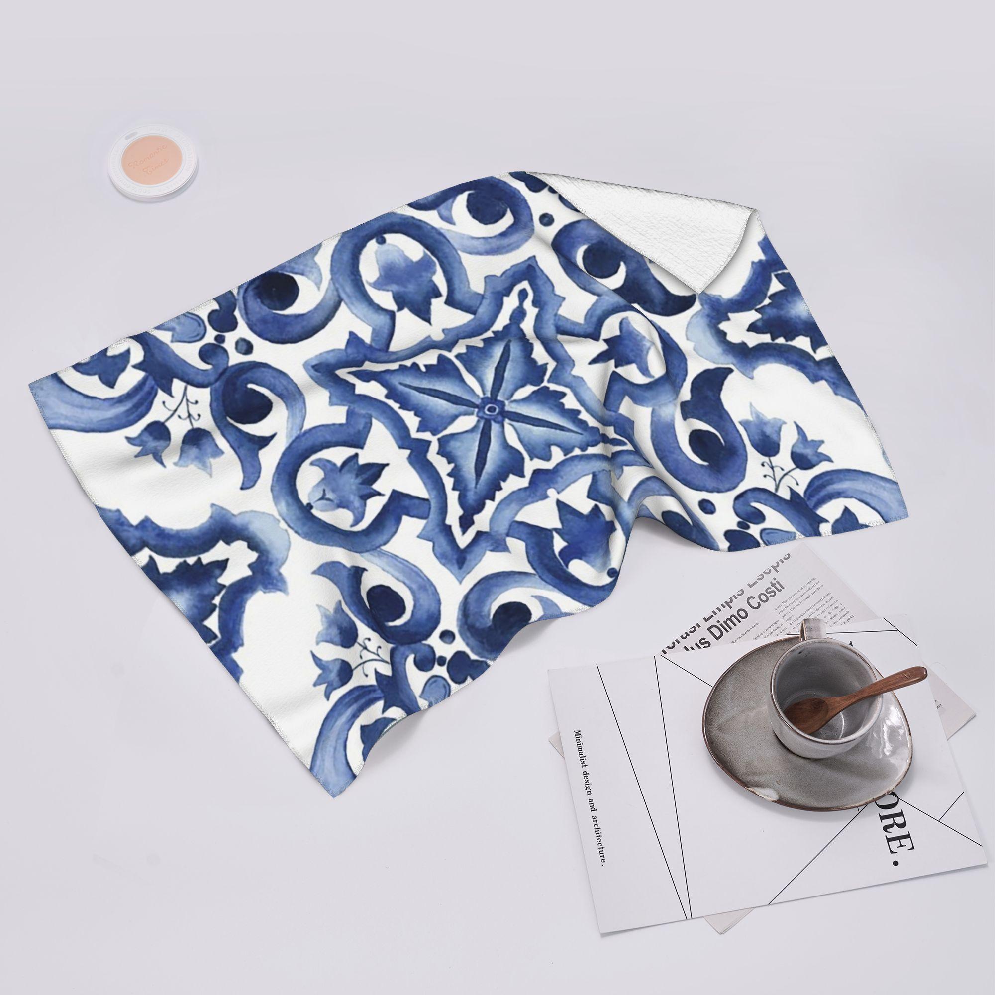 Ka Chen Muxi Blue Ornate Floral Mediterranean Sicilian Tile Soft Face Towel Quick Dry Pool Bath Cotton Towels Breathable