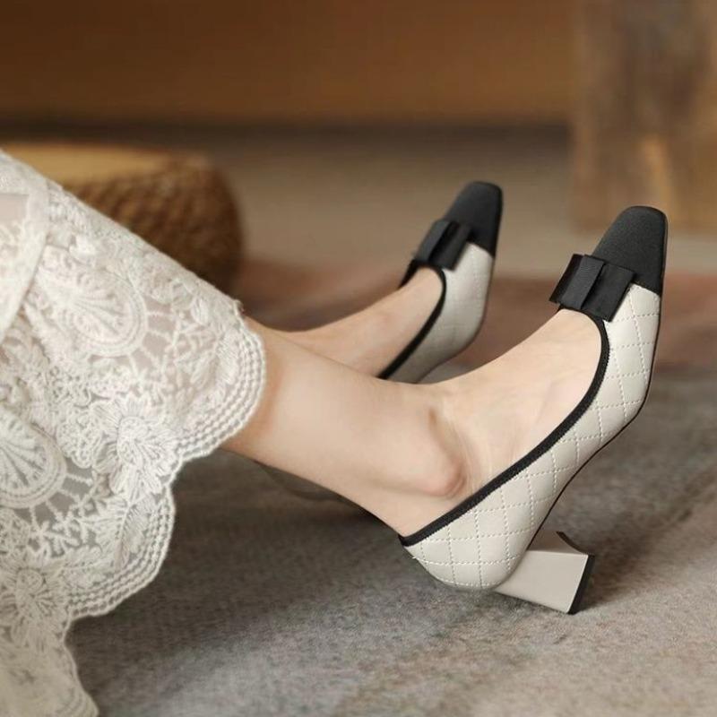 Fashion Woman Pumps Color Spelling Square Toe with Medium Heels Bow Shoes for Women Discount Vacation Stylish On Offer Fashion Young 39