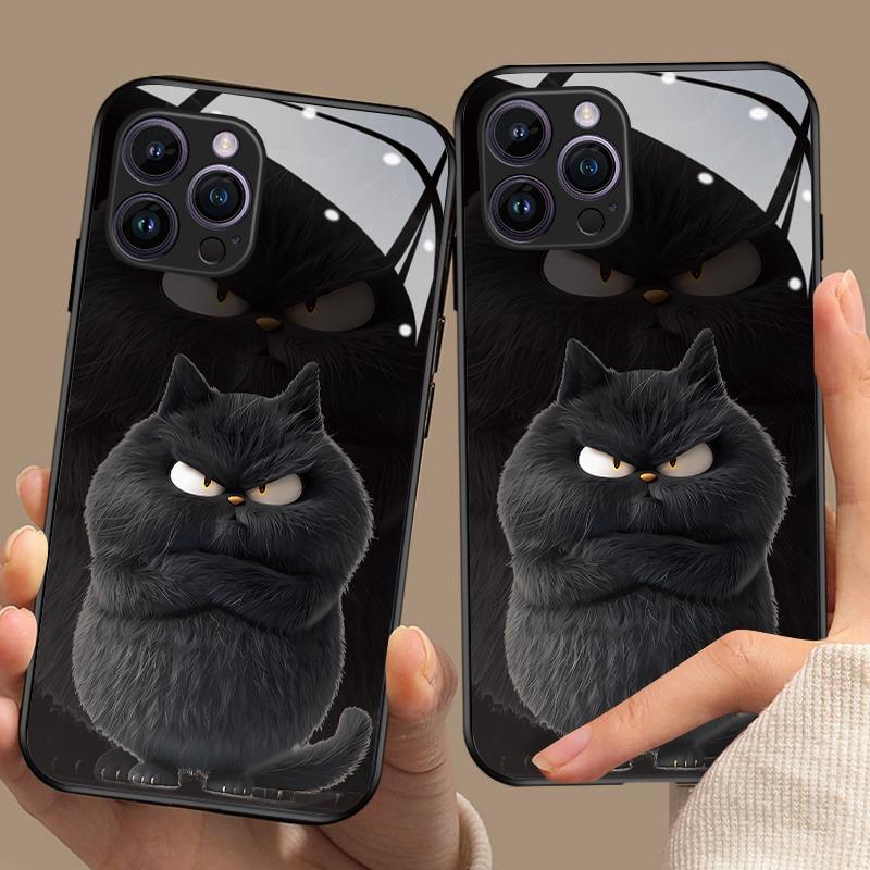 Cool Black Cat Pattern Glass Material Phone Case For iPhone 17 16 15 14 Pro Max 13 12 11 Pro 17 Air 16E 7 8 Plus XR XS X Cover