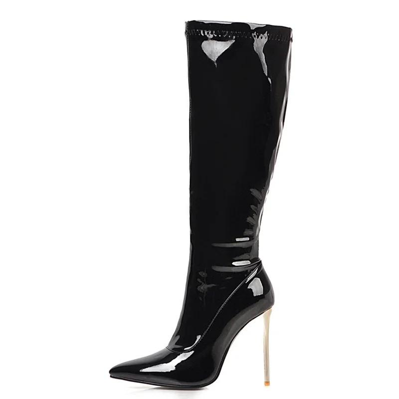 Fashion Women High Boots Sexy Zipper Black Red White Knee High Boot Thin Heels Patent Women's Autumn Winter Dance Shoes Large Size 45 48
