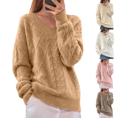 Damenmode V-Ausschnitt Einfarbig Gestrickter Pullover Top Lässiger Pullover