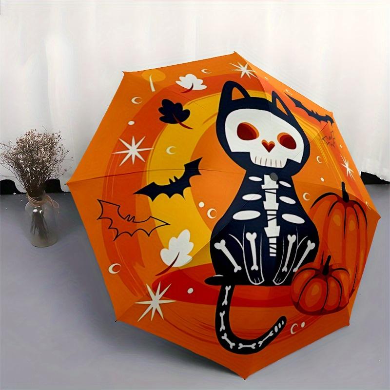 1pc Cat Skull Halloween Elements Fully Automatic Folding Portable Umbrella, 8 Iron Frames, Three-Fold Design, Suitable for All Seasons, Suit
