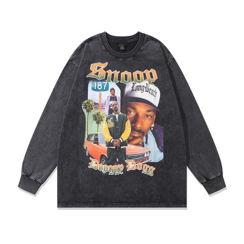 Hip Hop Rap Portrait Print Long Sleeve T-Shirt Autumn Retro Fried Color Men'S Crew Neck Sweater