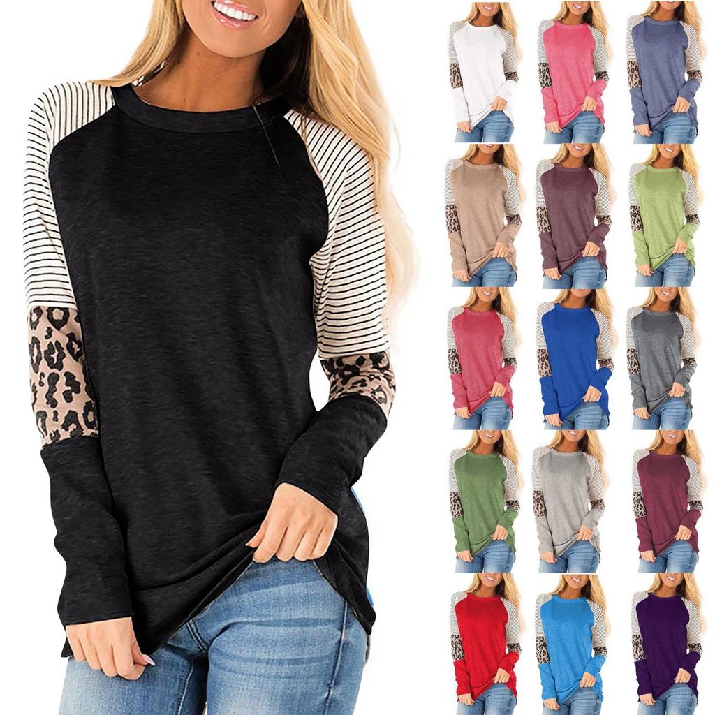 Women's And Winter Fashion Leopard Print Striped Round Neck Long Sleeve Top