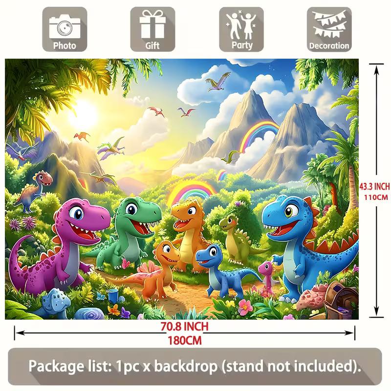 Lebendige Dinosaurierwelt Kulisse Kinder Dschungellandschaft mit Regenbogen Fotokabine Hintergrund Banner für Party Dekoration