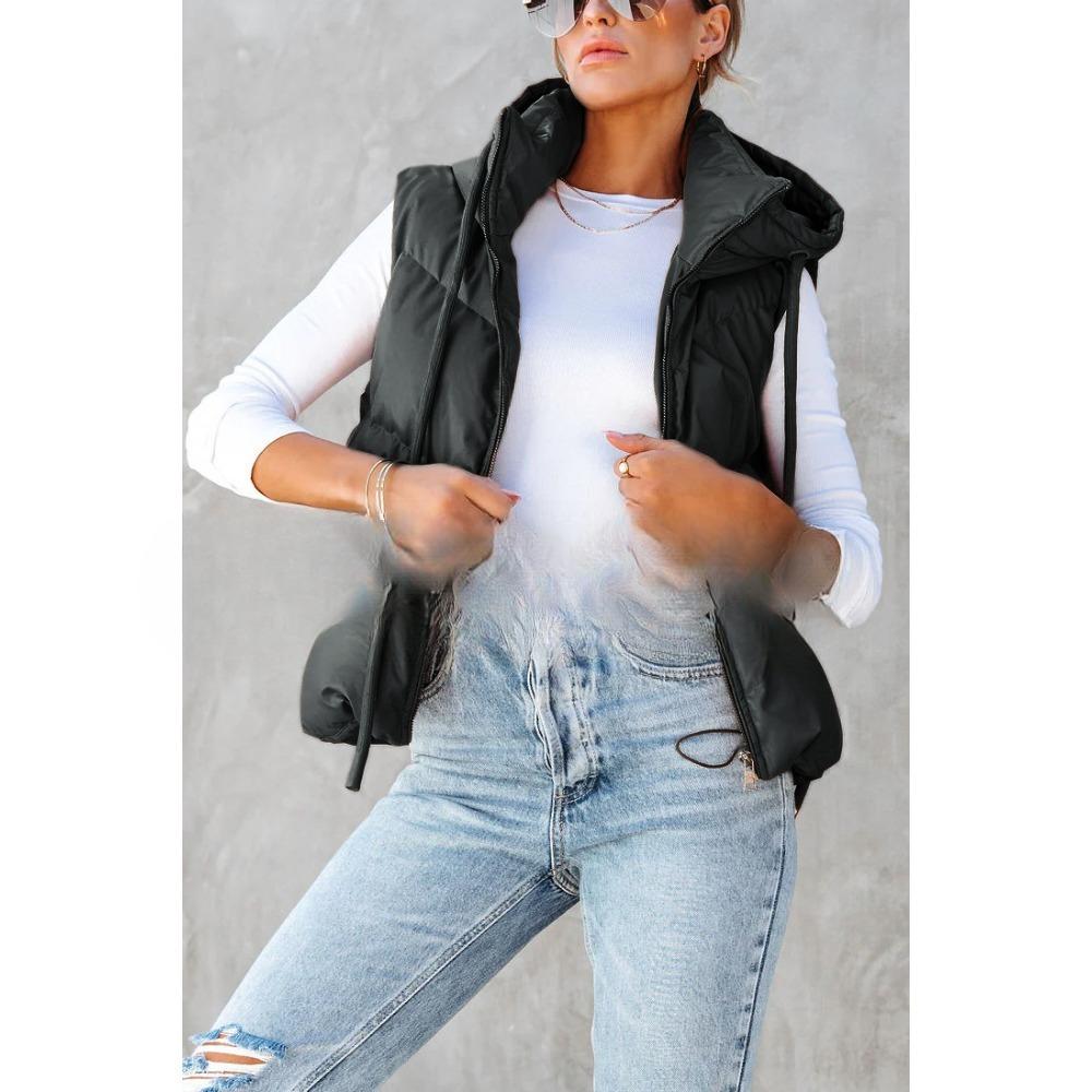 Women's Loose Fit Short Hooded Puffer Vest Sleeveless Zip Up Padded Gilet With Side Pockets For Fall Winter