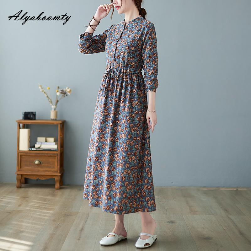 Korean Style Autumn Spring Women Midi A-Line Dress O Neck Floral Print Lace Up Dress Long Sleeve Elegant Ladies' Dress