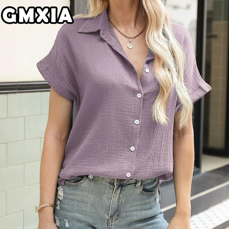 GMXIA Women's Fashion Casual Leisure Solid Color Print Short Sleeve POLO Neck Blouses & Shirts