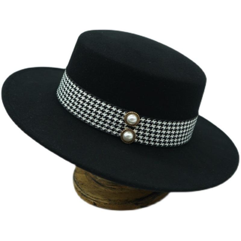 French Vintage British Versatile Thousand Birds Black Camel Red Wool Flat Top Hat Female Autumn And Winter Celebrity Felt