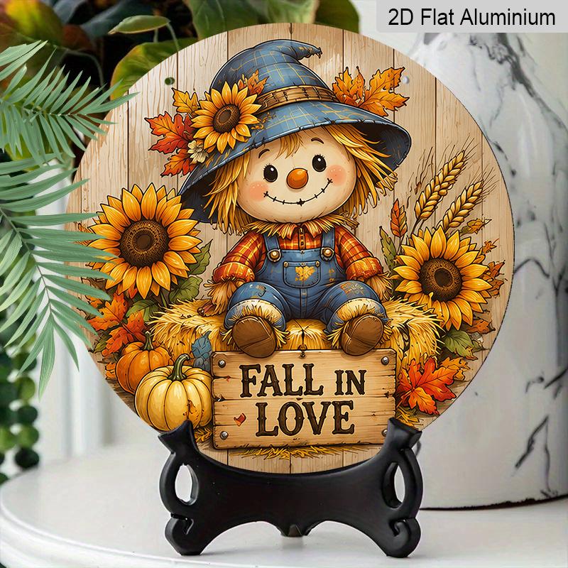 2D Flat, 1pc Round Aluminum Hanging Sign, Rustic Cartoon Style Plaid Overalls Scarecrow Blue Witch Hat Sunflower Wheat Mini Pumpkin Pattern, Fall