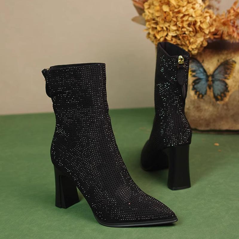 

Женские ботильоны с кристаллами и острым носком, дизайнерские элегантные туфли на высоком каблуке, тренд 2025 года, массивные туфли-лодочки в готическом стиле, челси, Botas Mujer 39 чёрный